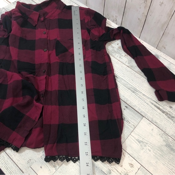 Eyeshadow Plaid Button Up Crossover Back Lace Trim Shirt Medium - Picture 7 of 10